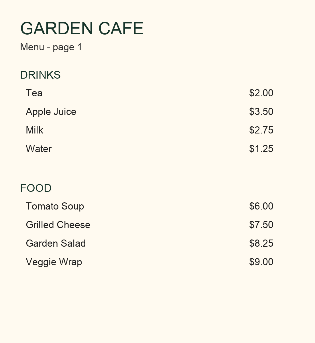 A cafe menu page