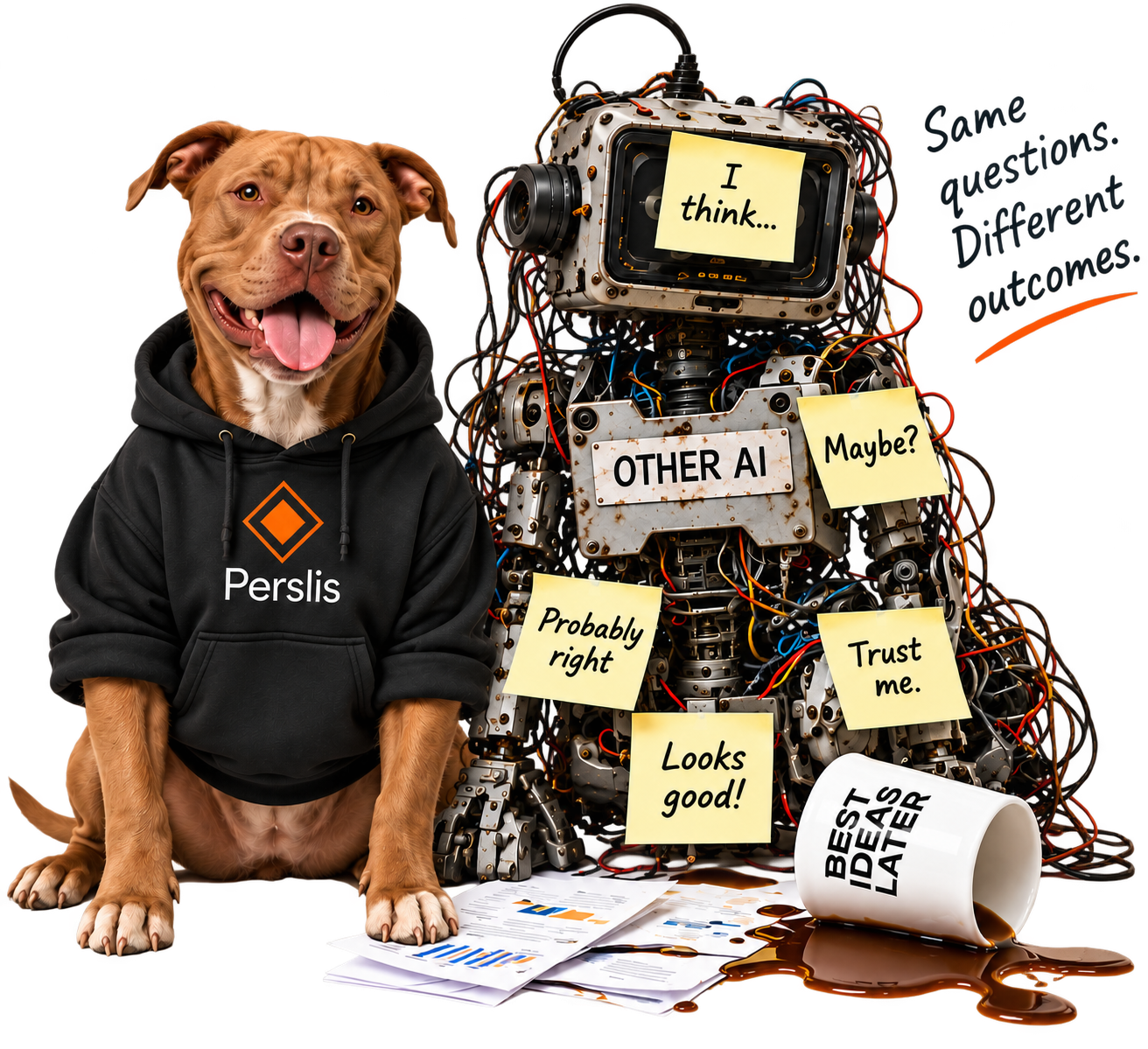 A dog in a Perslis hoodie beside a tangled robot covered in uncertain answers